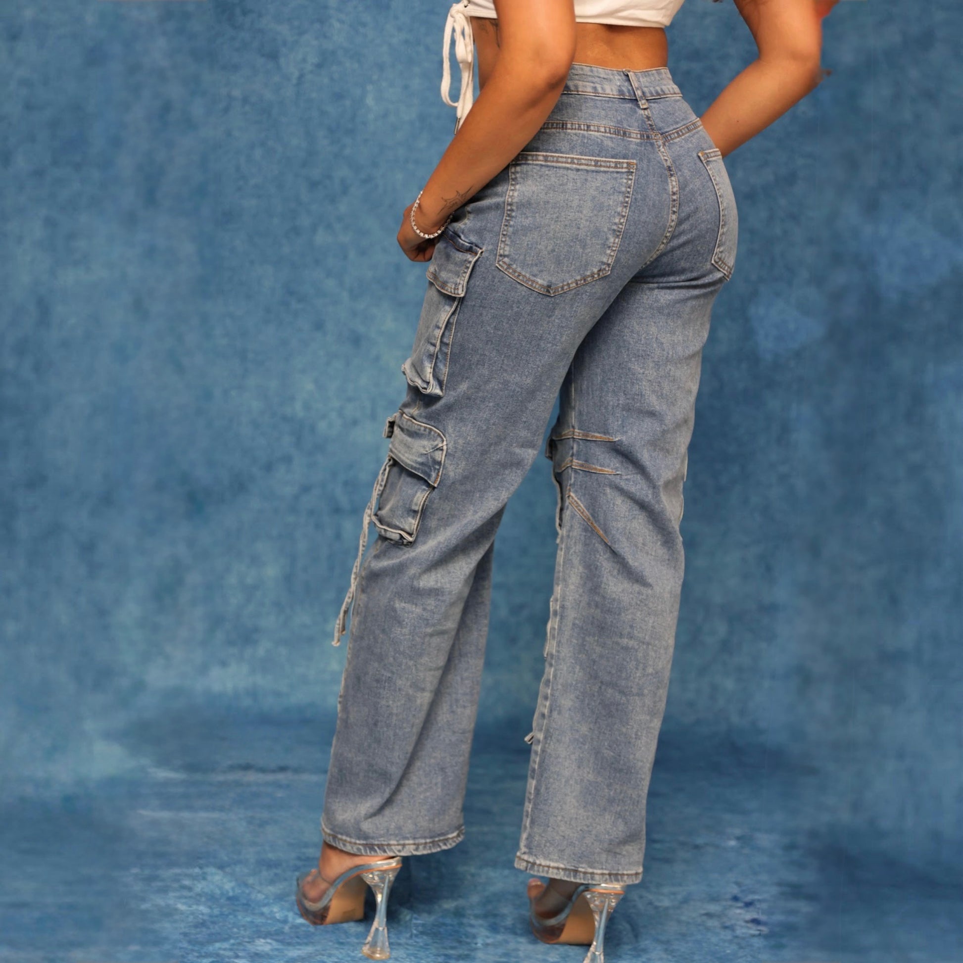 Multi Pocket Denim Wide Leg Cargo Pants- Blue- Baebekillinem