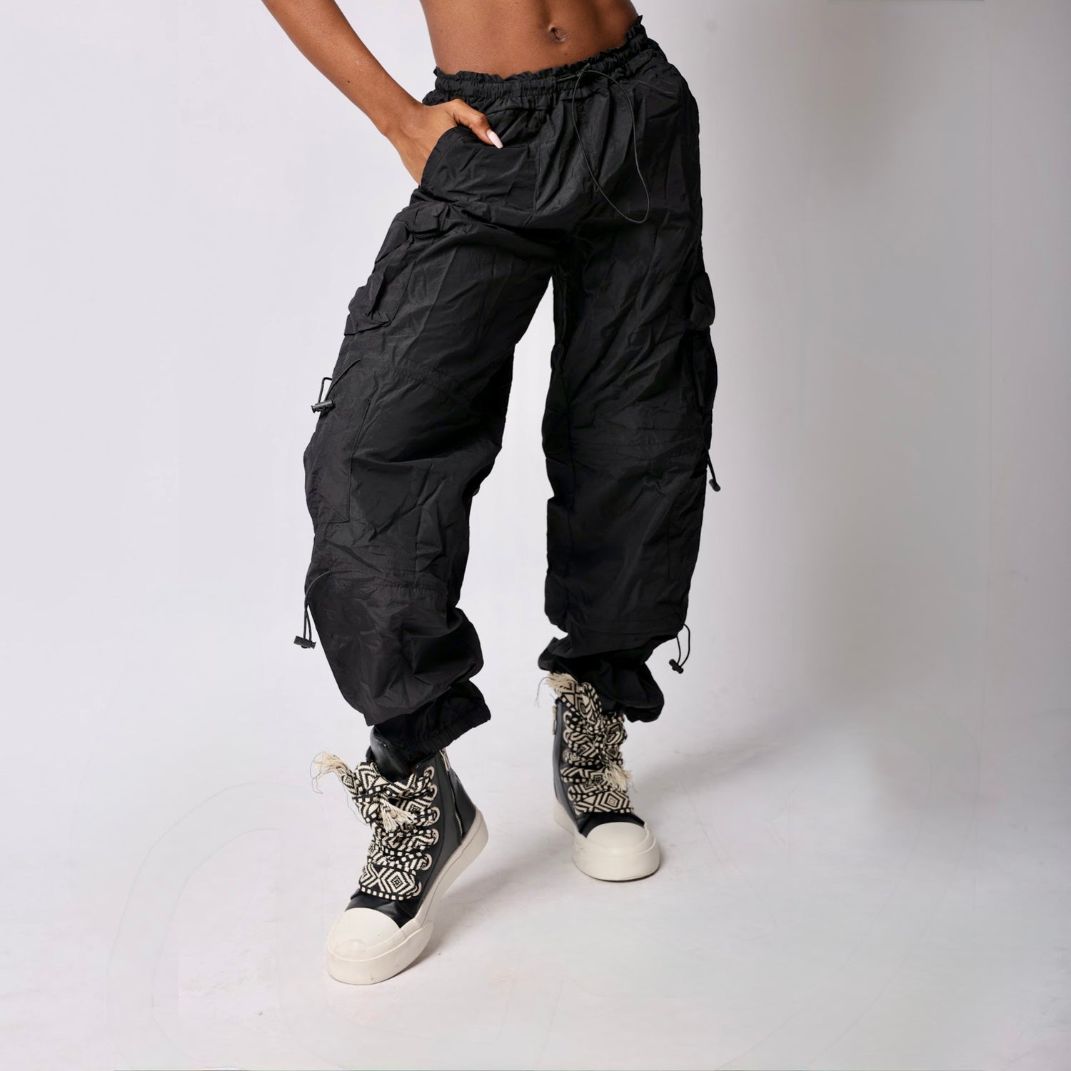 Women's Baggy Drawstring Cargo Pants - BaeBekillinem Boutique- Gray/ Black