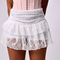 White floral lace ruffle A-line mini skirt front view