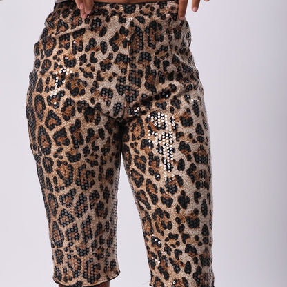 Leopard Print Sequin Capris close-up of sequin leopard print fabric — Baebekillinem