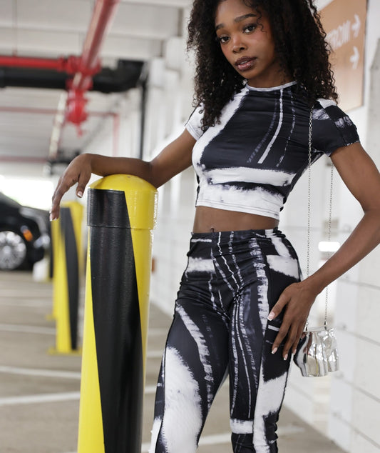 Women's Black & White Abstract Pant Set - Baebekillinem - closer detail side front view