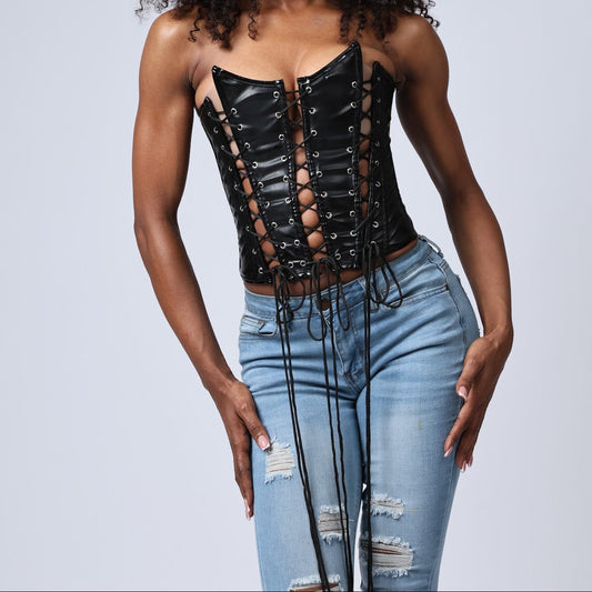 Women's Lace-Up Faux Leather Bustier Corset- Front view- Baebekillinem