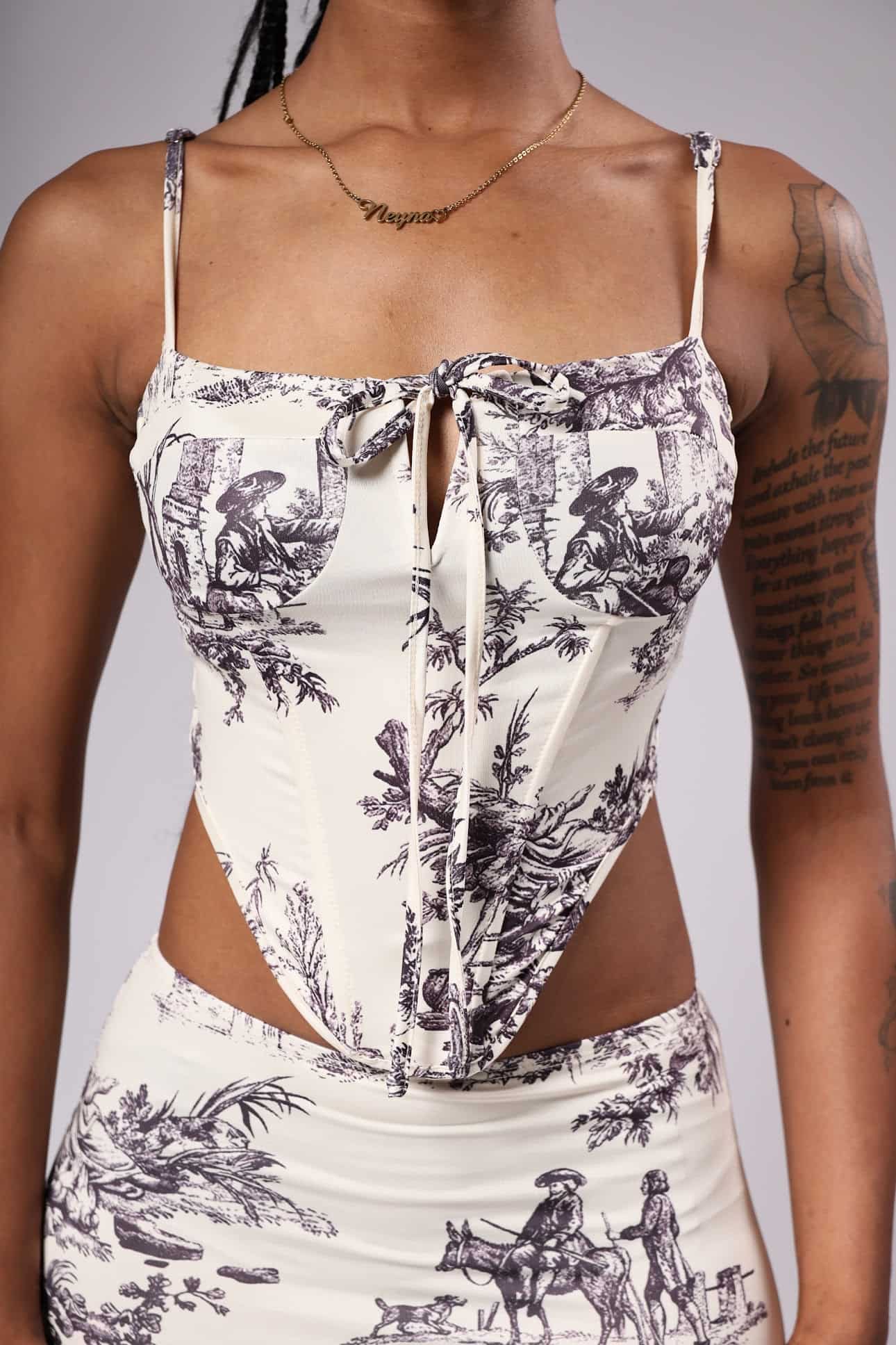 Women's Printed Corset & Skirt Set -Detailed Top Front view- Baebekillinem Boutique