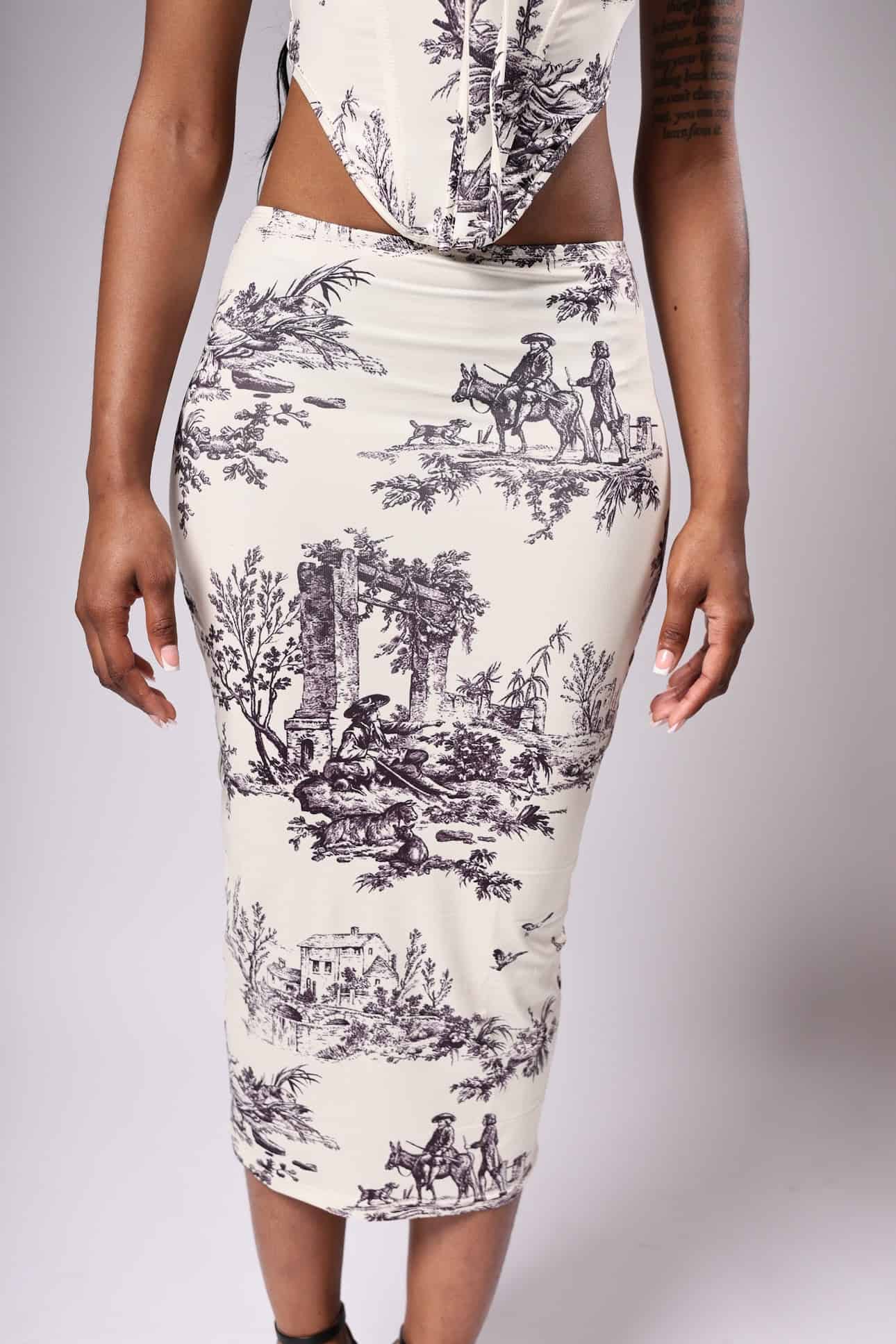 Women's Printed Corset & Skirt Set - Detailed Bottom Front view- Baebekillinem Boutique