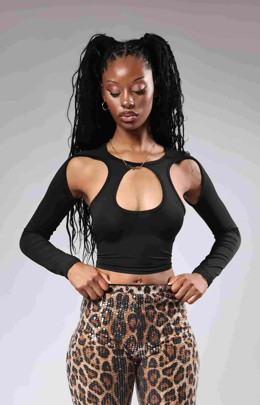 Women's Solid Longsleeve Keyhole Crop Top paired with Leopard Print Sequin Capris- Baebekillinem Boutique- Front  view