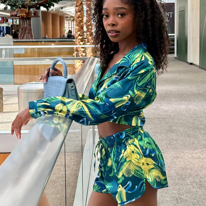 Tropical Satin Abstract Shorts Set- lifestyle side view -Baebekillinem
