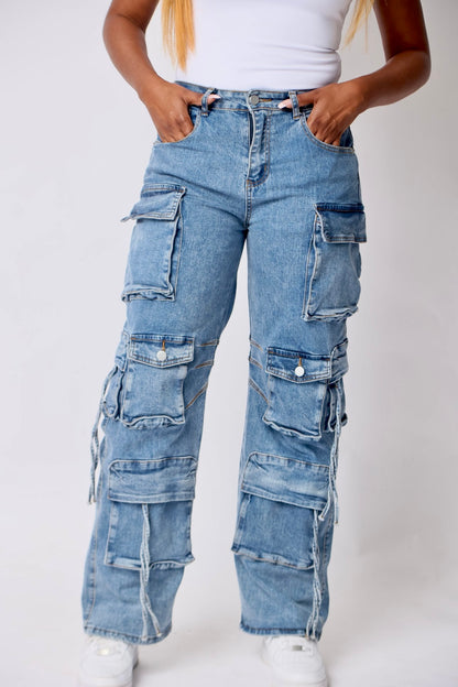 Multi Pocket Denim Wide Leg Cargo Pants