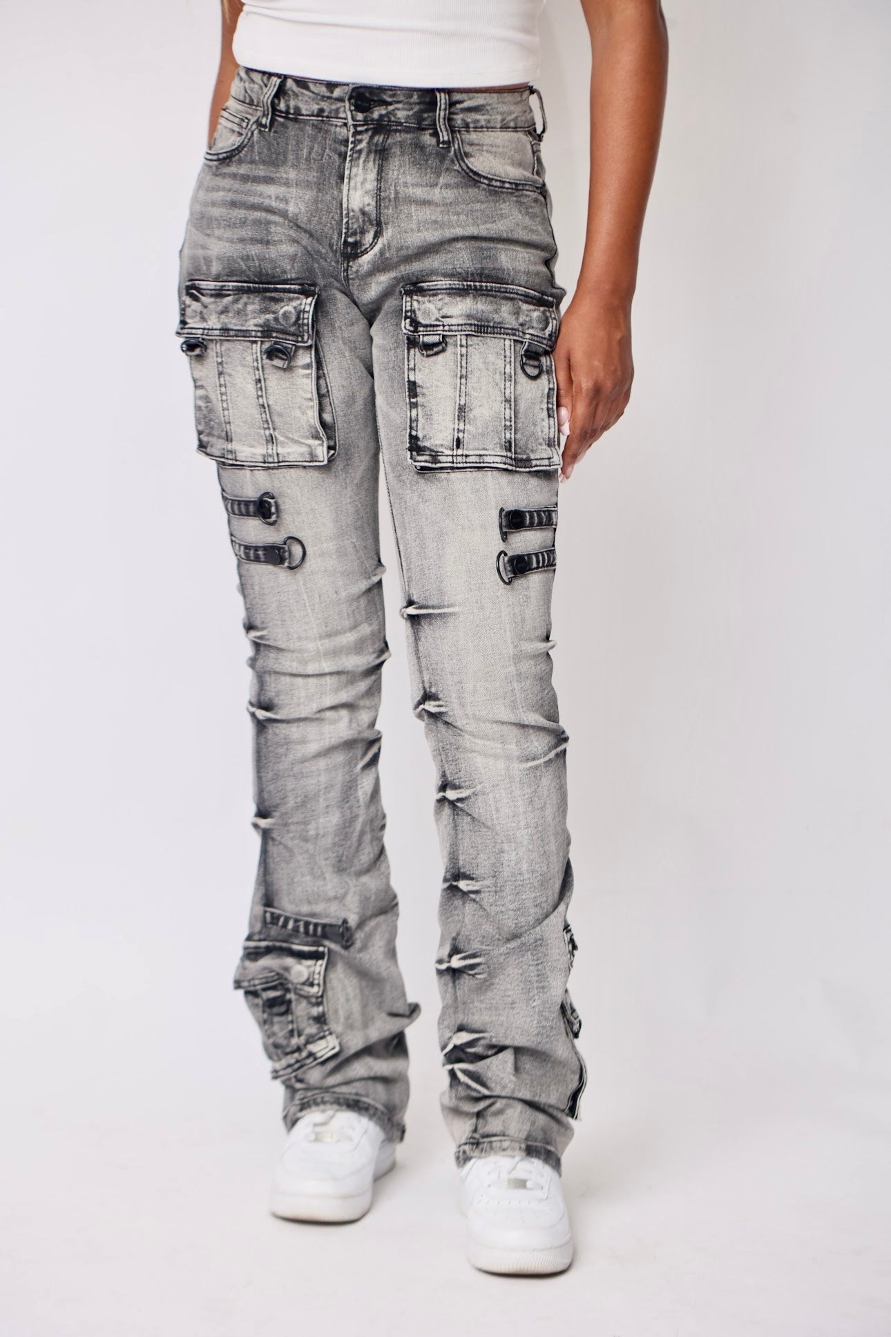 Denim High Rise Stacked Cargo Pants
