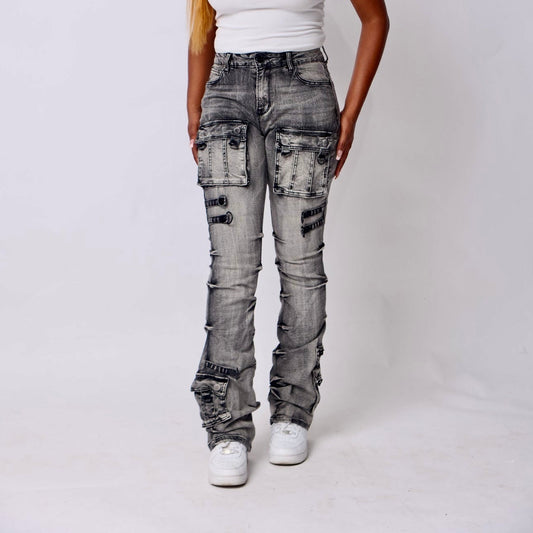 Denim High Rise Stacked Cargo Pants