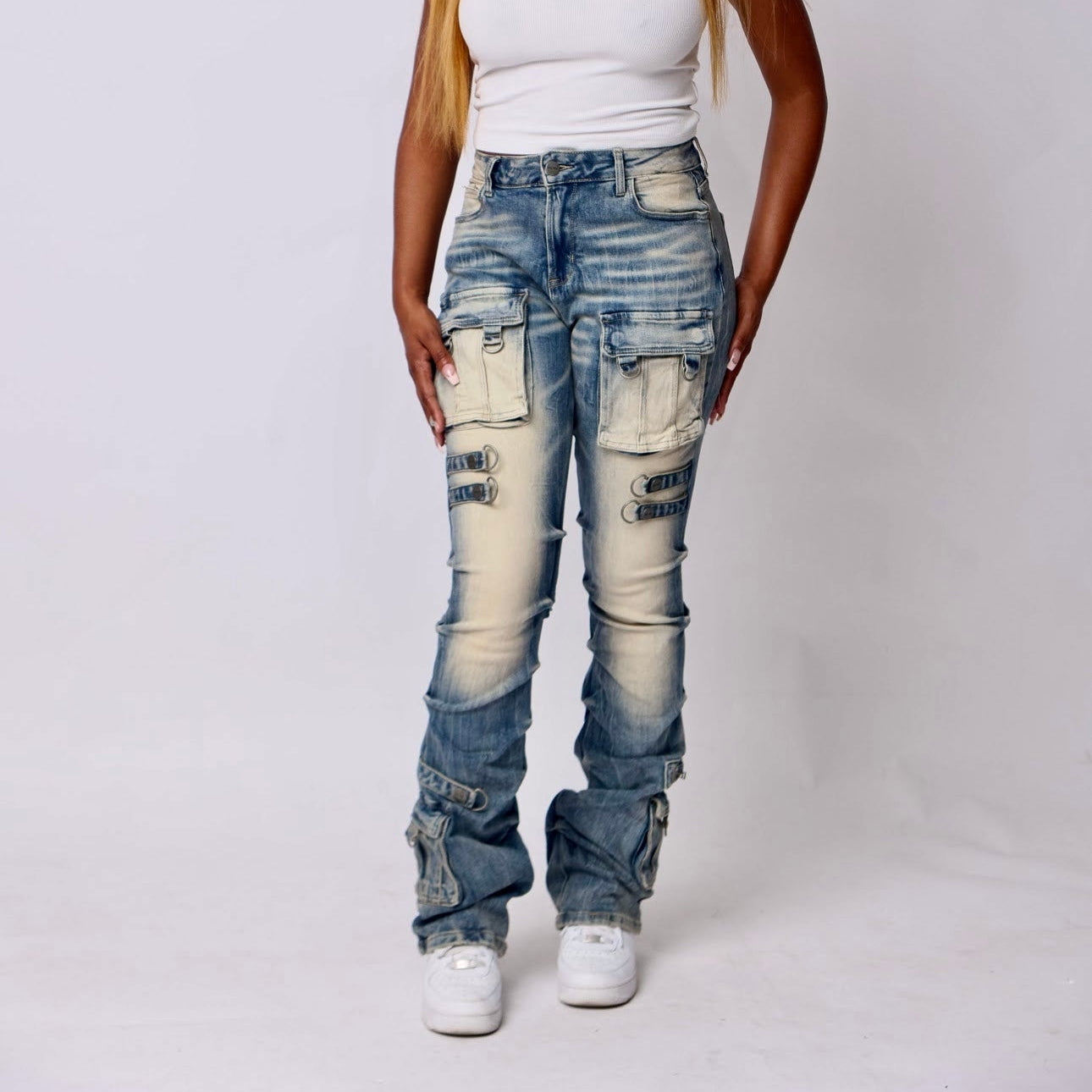 Denim High Rise Stacked Cargo Pants