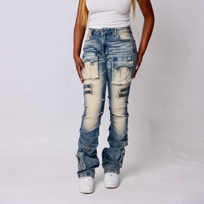 Denim High Rise Stacked Cargo Pants