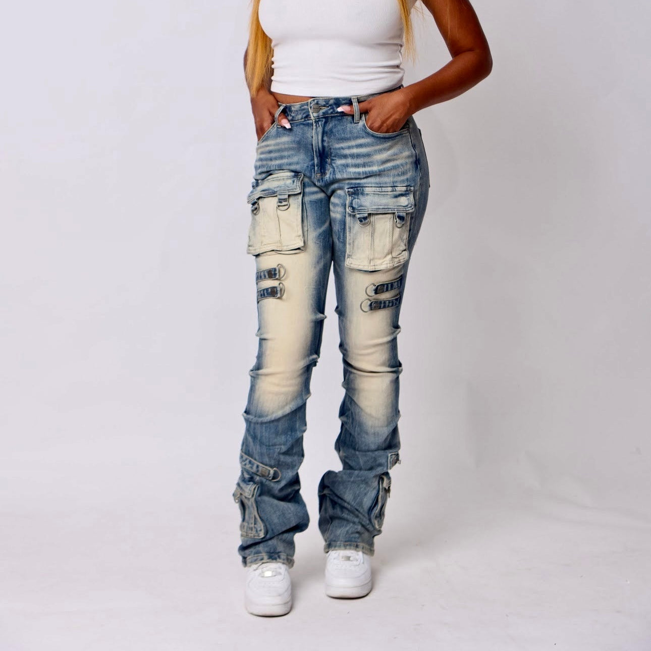 Denim High Rise Stacked Cargo Pants- Baebekillinem Boutique- Front VIew