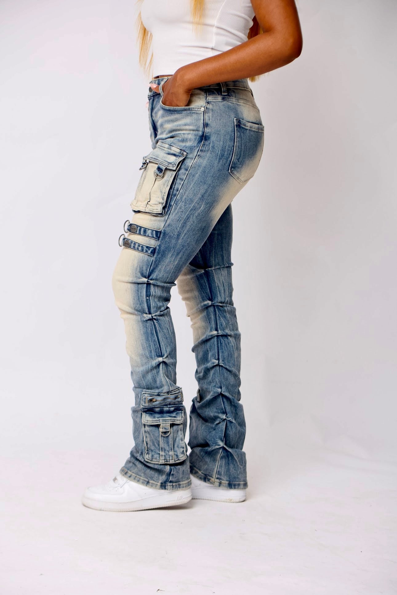 Denim High Rise Stacked Cargo Pants - Baebekillinem