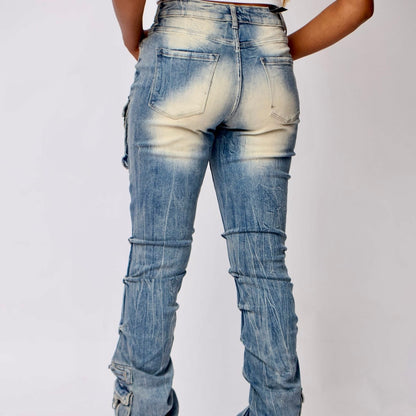 Denim High Rise Stacked Cargo Pants