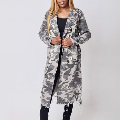 Grey Camo Trench Coat- Baebekillinem Boutique- Distressed