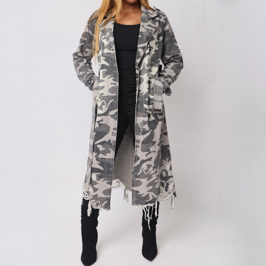 Grey Camo Trench Coat- Baebekillinem Boutique- Distressed