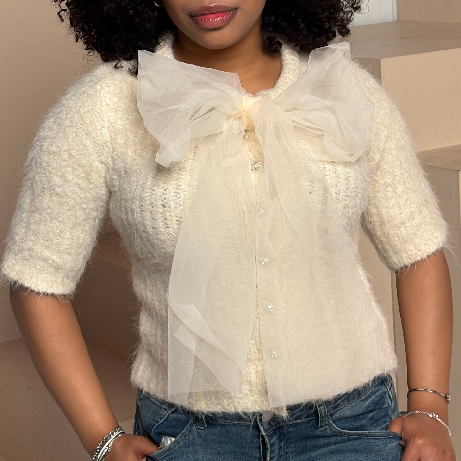 Furry Bow Sweater Top- Cream