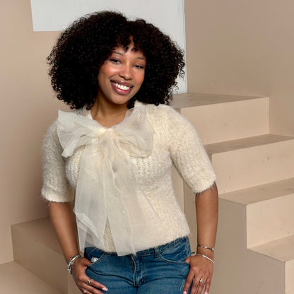 Furry Bow Sweater Top- Cream