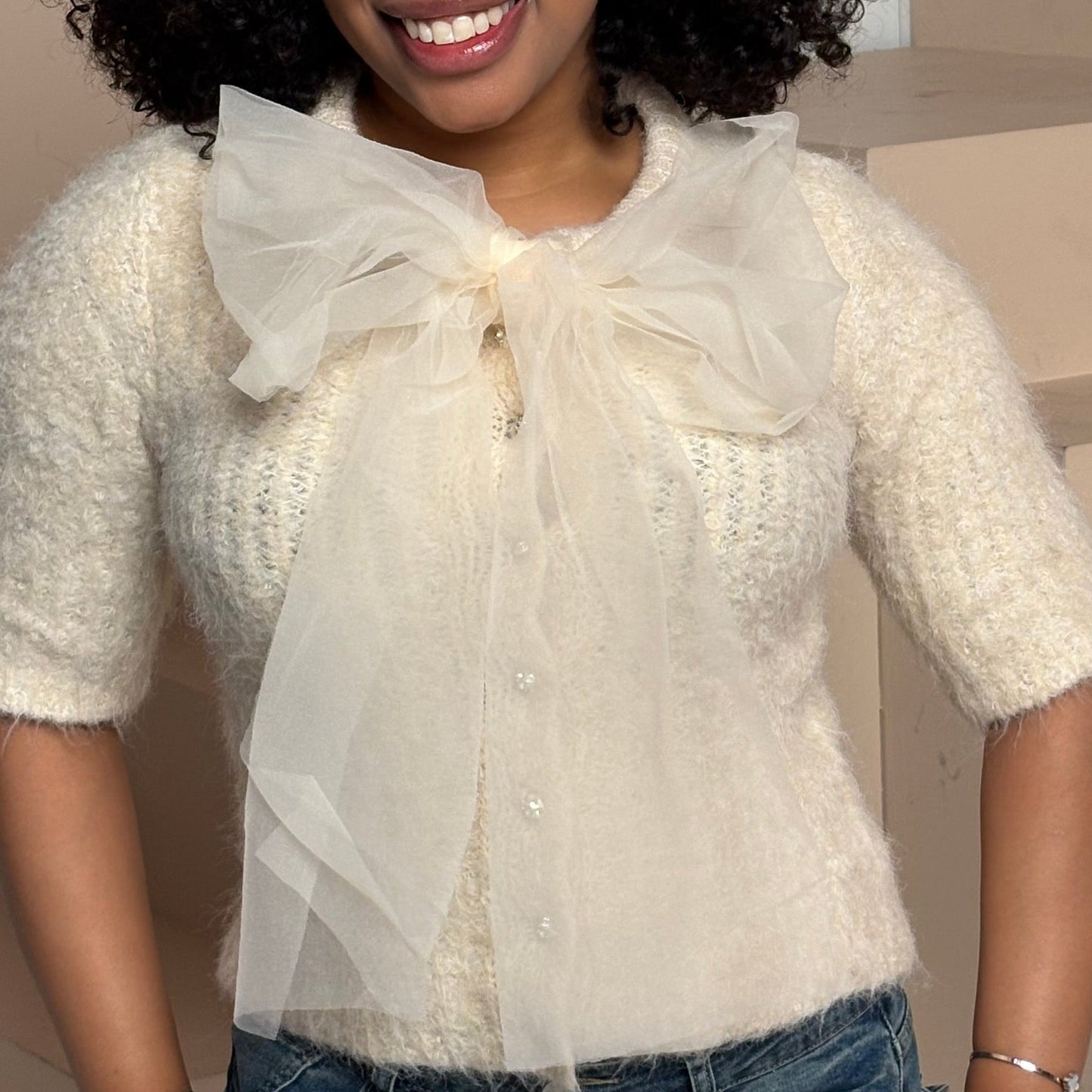 Furry Bow Sweater Top- Cream