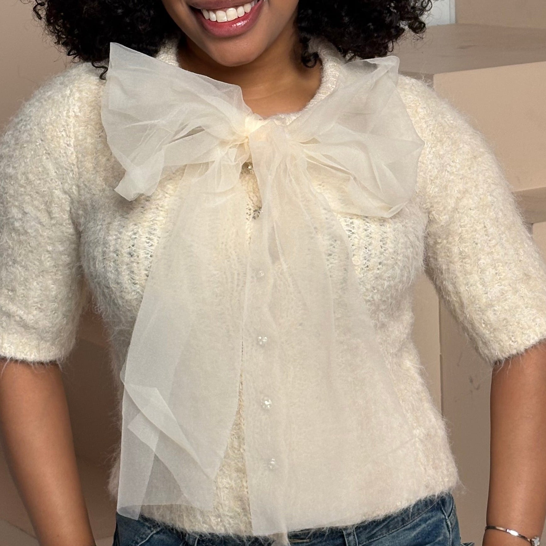 Furry Bow Sweater Top- Cream