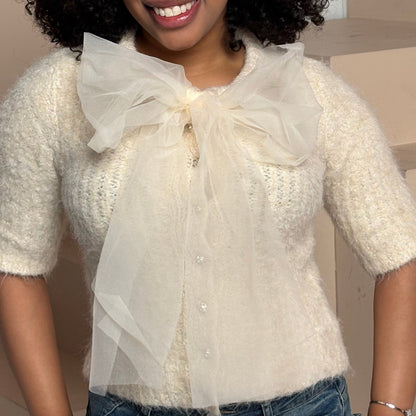Furry Bow Sweater Top- Cream