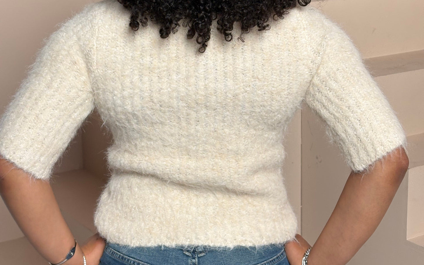 Furry Bow Sweater Top- Cream