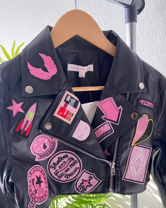 Women's Leather Patch Crop Jacket- Baebekillinem Boutique- Hot & Delicious- Black/Pink- Leather/ Polyester/ Rayon