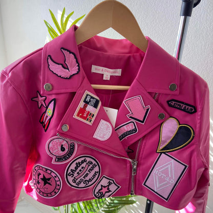 Women's Leather Patch Crop Jacket- Baebekillinem Boutique- Hot & Delicious- Black/Pink- Leather/ Polyester/ Rayon