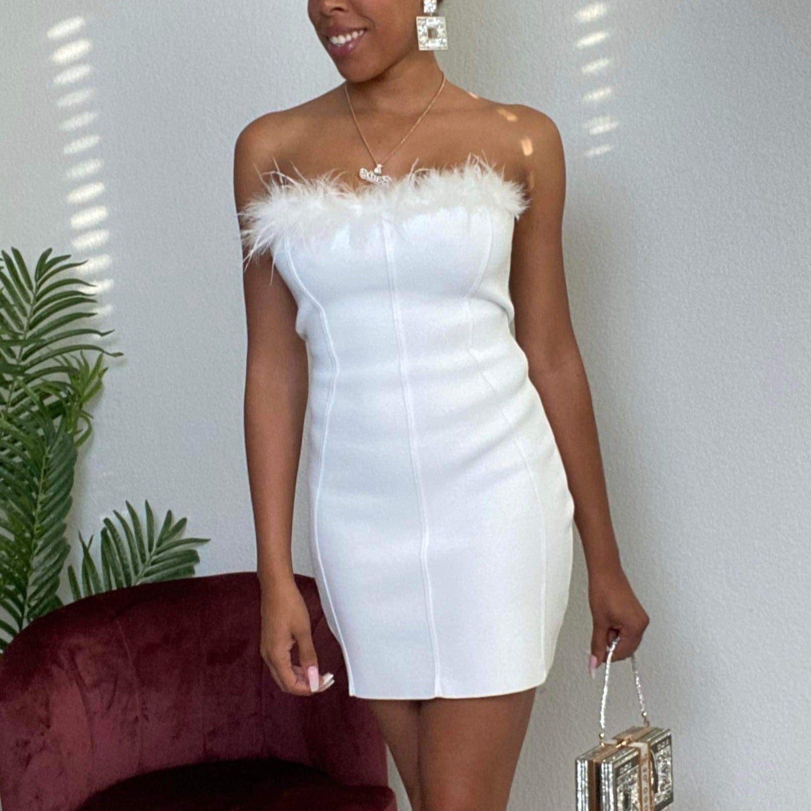 Women's Feather Bandage Tube Dress- White- Cotton/Spandex- Baebekillinem Boutique- wedding- bride- bachelorette- chruch- christ- party- event- mini