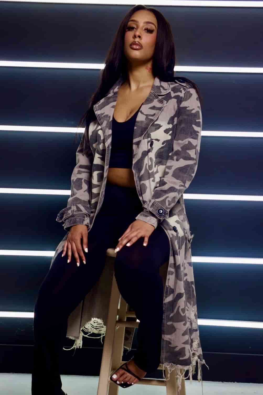 Grey Camo Print Trench Coat - Baebekillinem