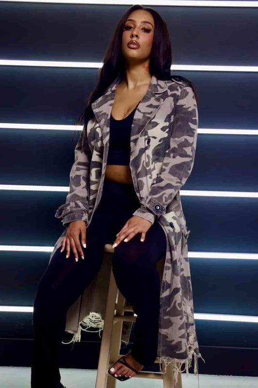 Grey Camo Print Trench Coat