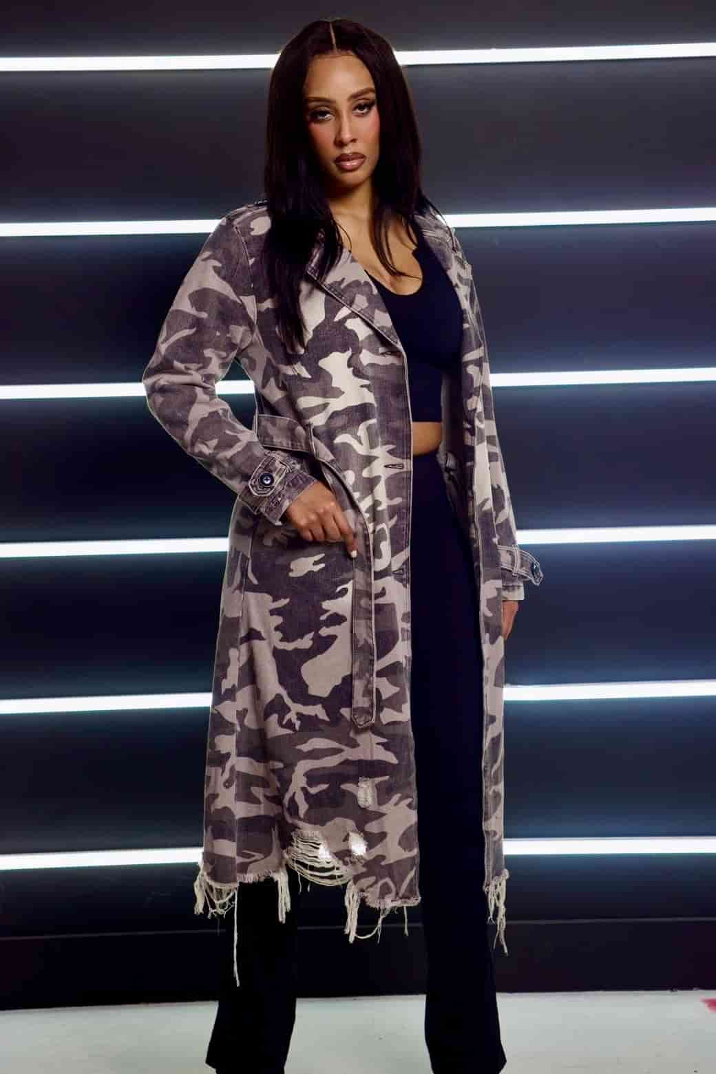 Grey Camo Print Trench Coat - Baebekillinem