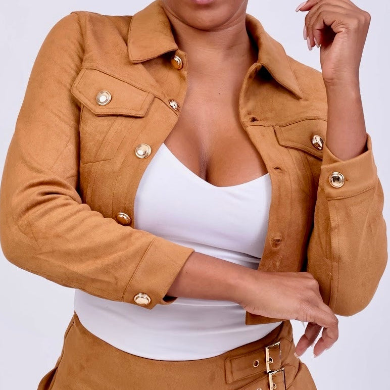 Suede Button Up Biker Jacket- brown/ brown/ camel