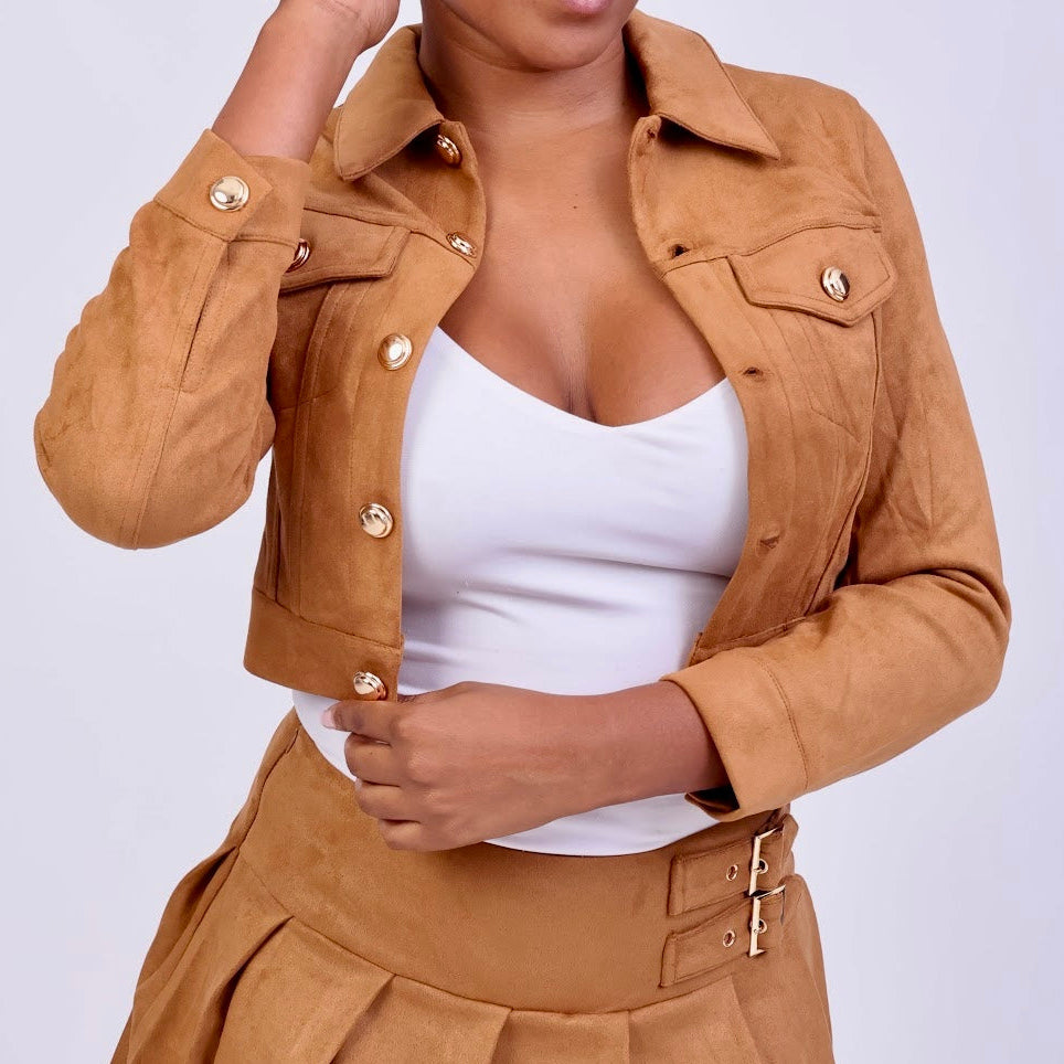 Suede Button Up Biker Jacket- brown/ brown/ camel