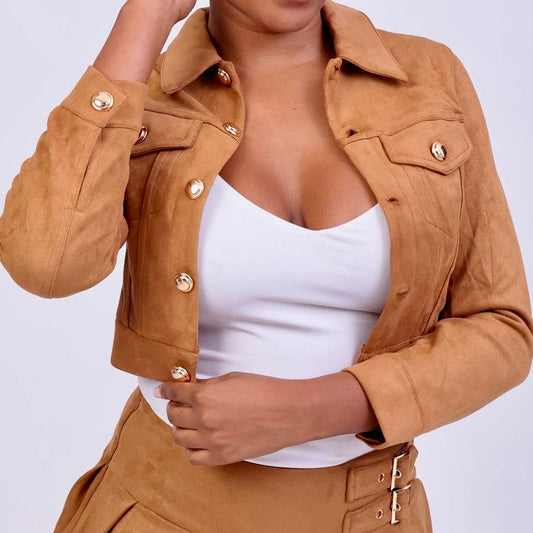 Women's Suede Button Up Biker Jacket- front view — Baebekillinem