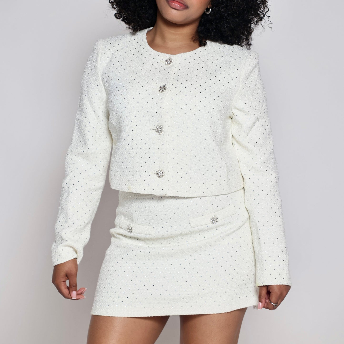 Rhinestone Longsleeve Skirt Set- white