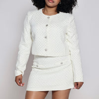 Women's white rhinestone long sleeve skirt set front view — Baebekillinem