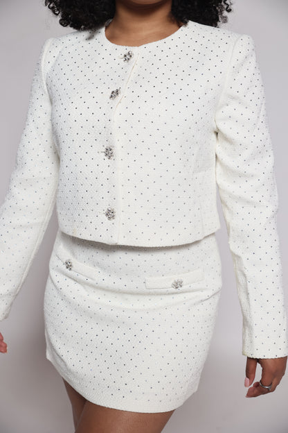Rhinestone Longsleeve Skirt Set- white