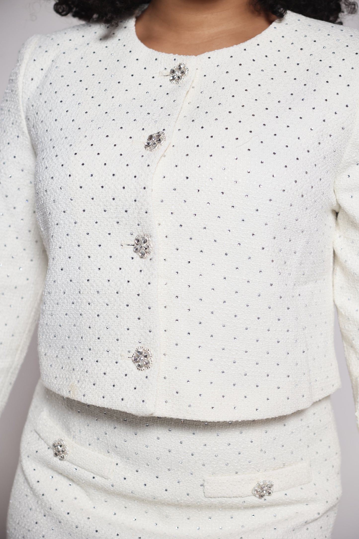 Rhinestone Longsleeve Skirt Set- white