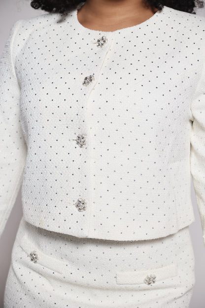 Rhinestone Longsleeve Skirt Set- white