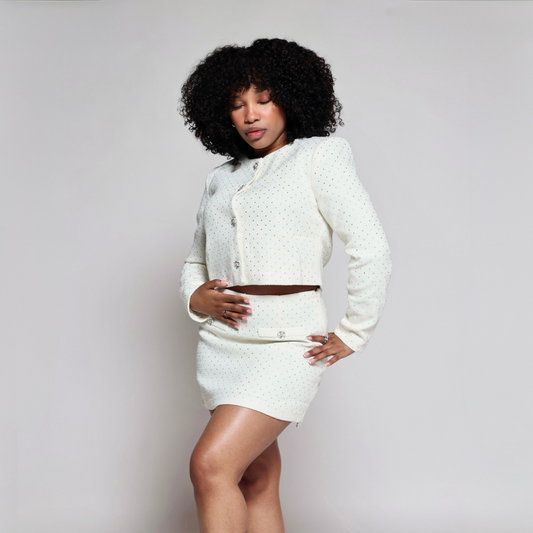 Rhinestone Longsleeve Skirt Set- white
