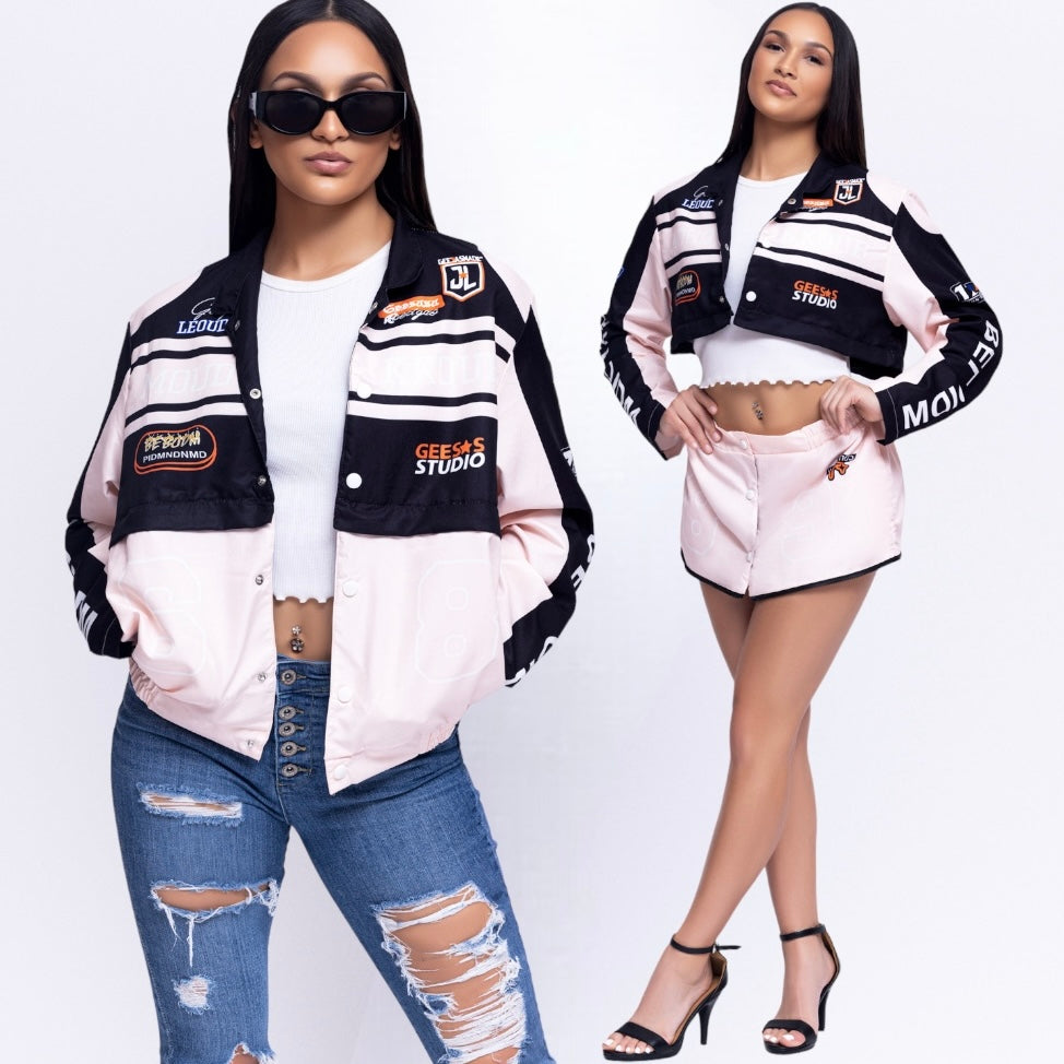 Women's Pink & Black Lightweight 2-in-1 Jacket Skirt - BaeBekillinem- Polyester- two piece set- detachable zipper and bottons- Pink/ Black- jacket that turns into a skirt- party- casual
