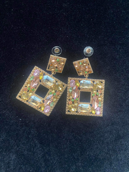 Women's Square Crystal Charm Vintage Dangle Earrings - BaeBekillinem Boutique- Crystal- Gold/ Green/ Pink