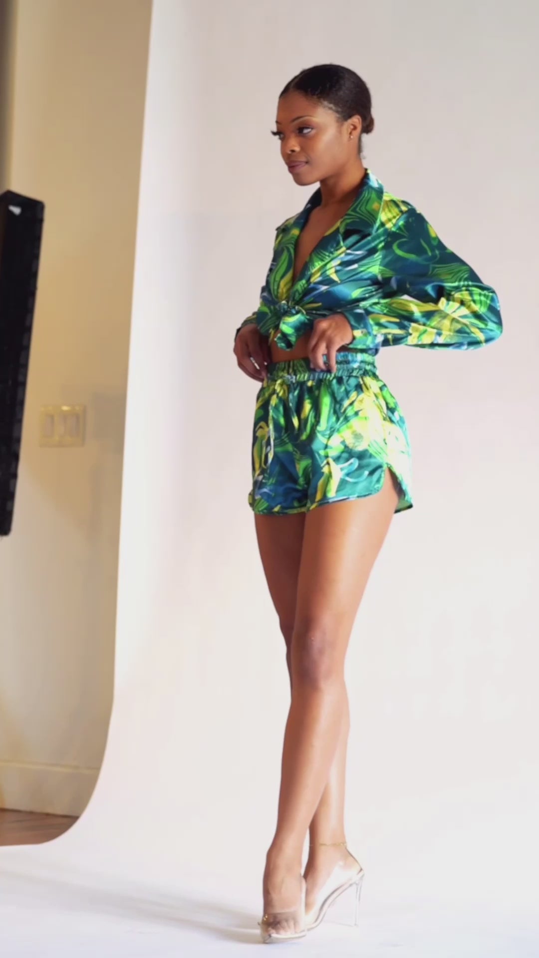 Load video: Women&#39;s Tropical Satin Abstract Matching Set - Spandex/ Polyester- Green/ Blue- Baebekillinem Boutique- party- club- brunch- yellow- shorts- long sleeve