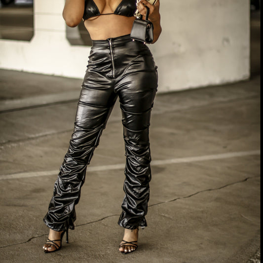 Faux Leather Stacked Pant - BaeBekillinem-  Pu Leather/ Polyester/ Spandex- Black
