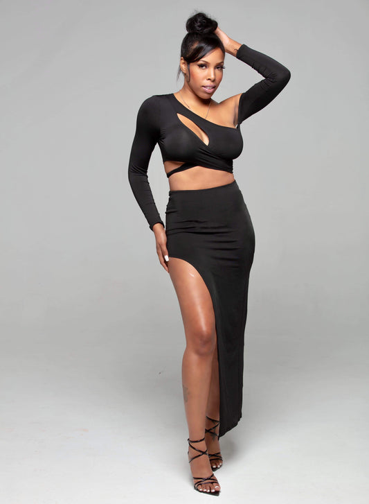 Women's Irregular Cut Stretch Skirt Set - BaeBekillinem Boutique- Spandex/ Polyester- Black/ Brown