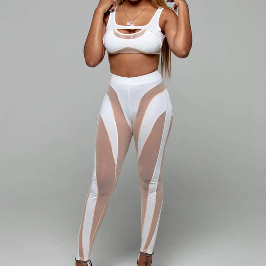 Women's Trophy Mesh Cutout Pants Set - BaeBekillinem Boutique- Polyester/ Spandex- White/ Pink/ Black- night- club- mugler- see through- poster girl- party- event- stretch