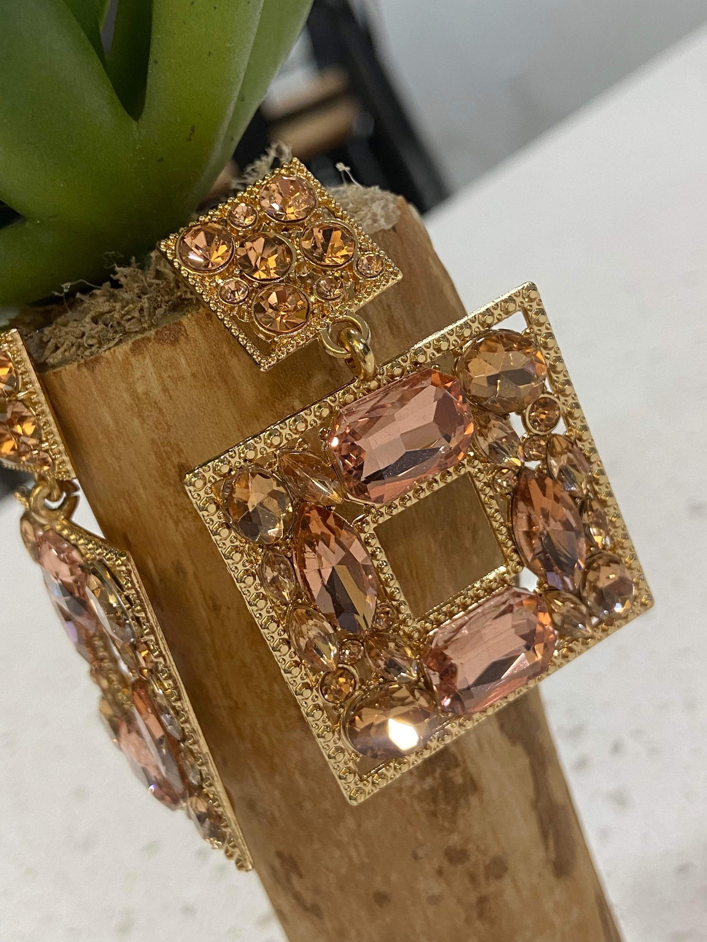 Women's Square Charm Dangle Earrings - BaeBekillinem Boutique- Crystal- Gold/ Pink