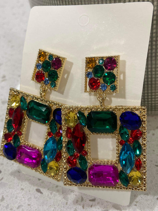Women's Square Charm Dangle Earrings - BaeBekillinem Boutique- Crystal- Gold/ Mullti-color