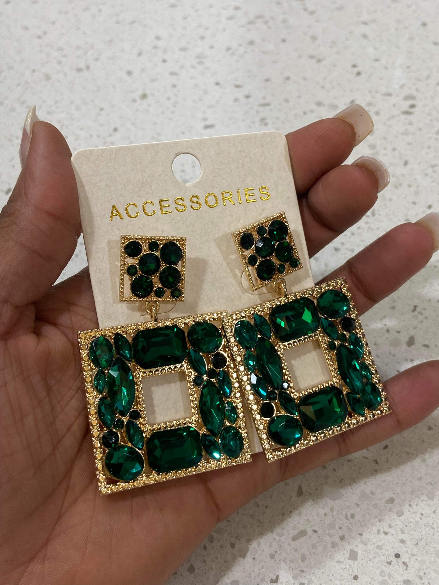Women's Square Charm Dangle Earrings - BaeBekillinem Boutique- Crystal- Gold/ Green